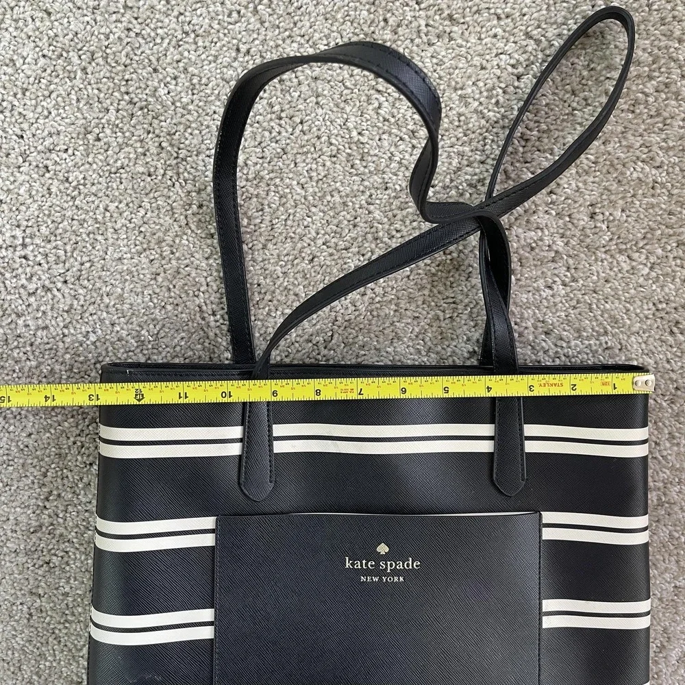 Kate Spade Tote Bag Womens Large Black Leather Striped Shoulder Outer Pocket